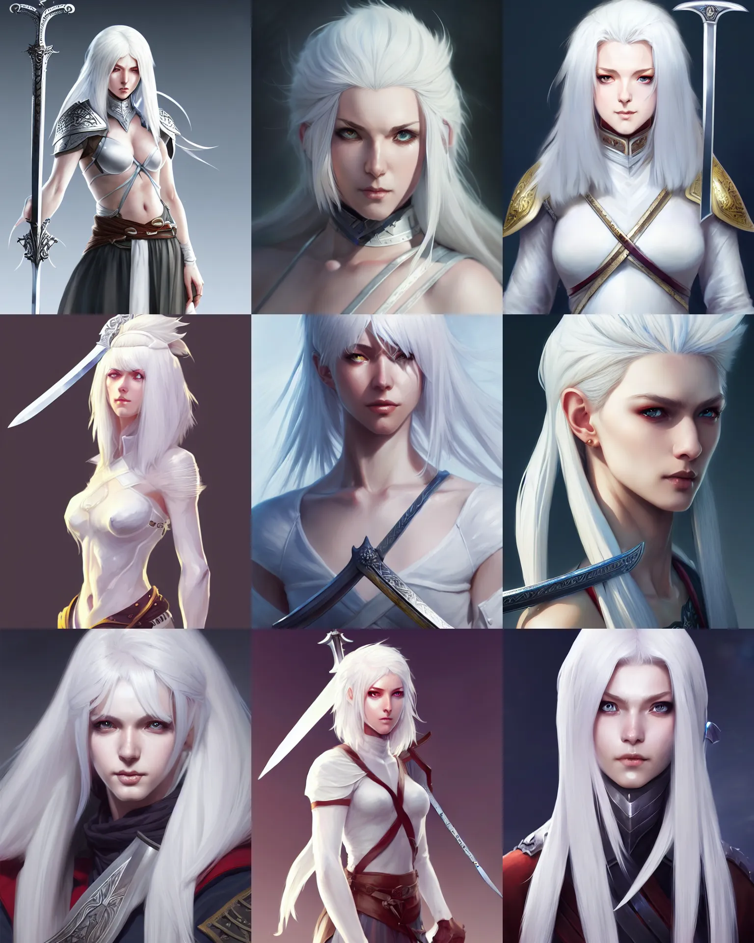 Prompt: character concept art of a gorgeous white haired female sword fighter | | distinct - fine, key visual, realistic shaded perfect face, fine details by stanley artgerm lau, wlop, rossdraws, james jean, andrei riabovitchev, marc simonetti, sakimichan, and jakub rebelka, trending on artstation