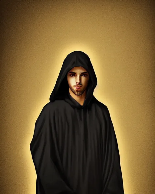 Image similar to digital art portrait of a young man in dark robes, hooded, made by WLOP, WLOP