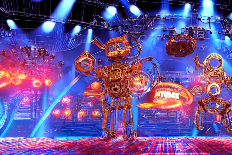 Prompt: stage from the show america got talent, on stage are 4 golden and blue metal humanoid steampunk robots dancing, robots are wearing gears and tubes, eyes are glowing red lightbulbs, shiny crisp finish, 3 d render, 8 k, insaneley detailed, fluorescent colors, nightlight