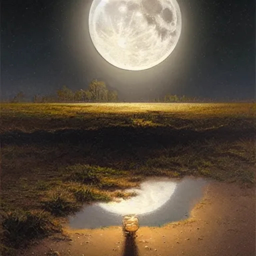 Image similar to reflection of the full moon in a broken mirron on the ground, very detailed, digital painting, oil painting, hyperrealistic, highly detailed, beautiful, artstation, cgsociety, art by greg rutkowski, by artgerm