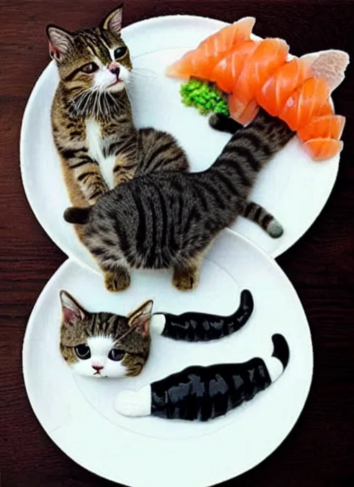 Image similar to clear photorealistic picture of adorable cats made out of sushi