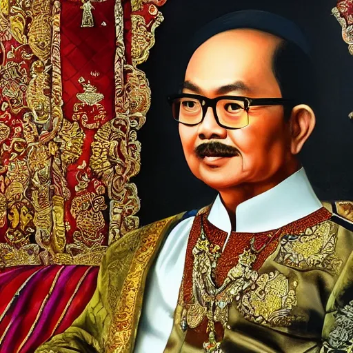 Prompt: sri sultan hamengkubuwono ix with blangkon and batik portrait, detailed, arstation 8 k, art by raden saleh, banksy, basuki abdullah