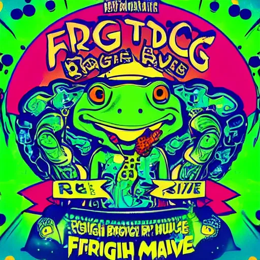 Prompt: frog rave, large bullfrog DJ, lots of frogs dancing on drugs, psychedelic, bright lights, loud music, intense club, cartoon