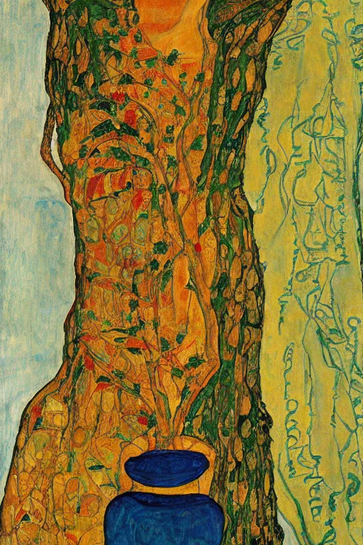 Prompt: girl waer detailed golden arabesque dress with a big tree palm in persian pot, painting by egon schiele