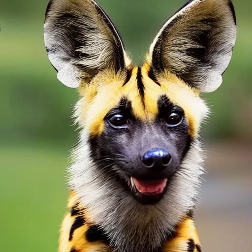 Prompt: Look at this african painted dog with his huge radar ears- positively fluffsome all around and no doubt prone to rambunctiousness. I suspect he is to be engaged in mischief soon.