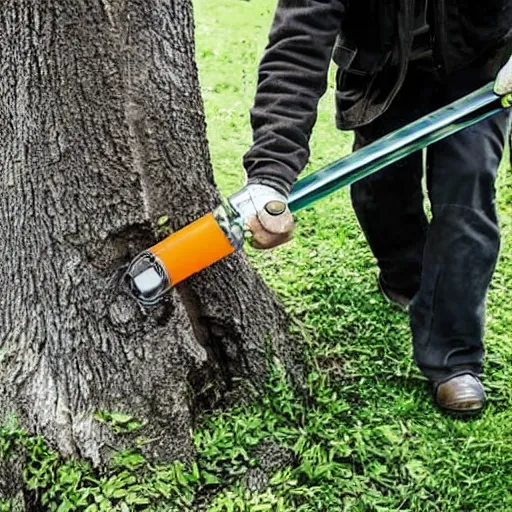 Image similar to a man cutting a tree with a lightsaber