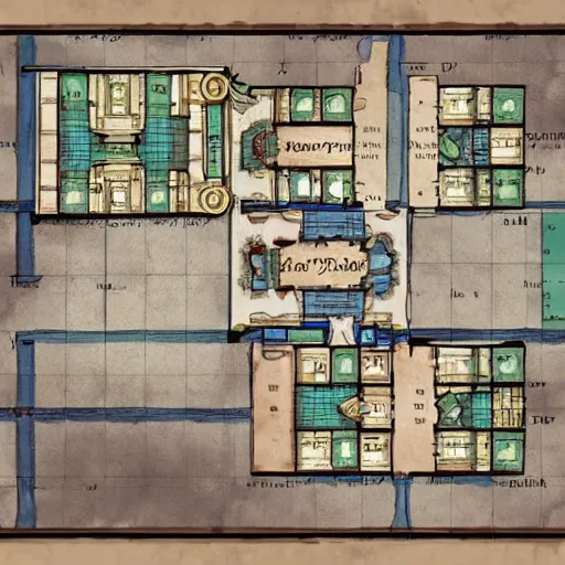 Image similar to full - color floor plan map of a fantasy tavern, hardwood floor, by greg rutkowski and james gurney, trending on artstation