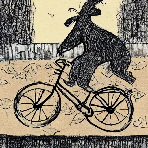 Image similar to illustration of a dog riding a bike in paris in the style of maurice sendak