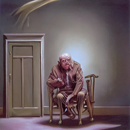 Image similar to angry old man in chair inside a dark house, surrealism, painting by boris vallejo and michael whelan