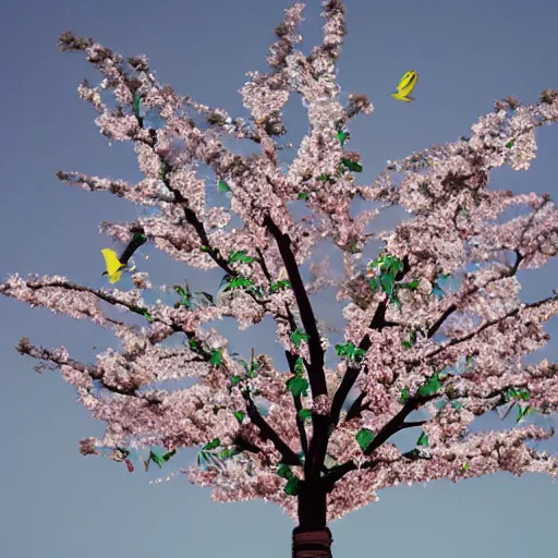Image similar to the_sprout_of_the_tree_of_life_has_blossomed_beautiful_iridescent_flowers_with_birds_wings_sprouting