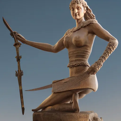 Image similar to highly detailed statue made of marbel, beautiful young woman, over exaggerated proportions, with a sword in her right hand, martial art pose, octane render, ripped cloth, volumetric lights, dramatic, highly detailed