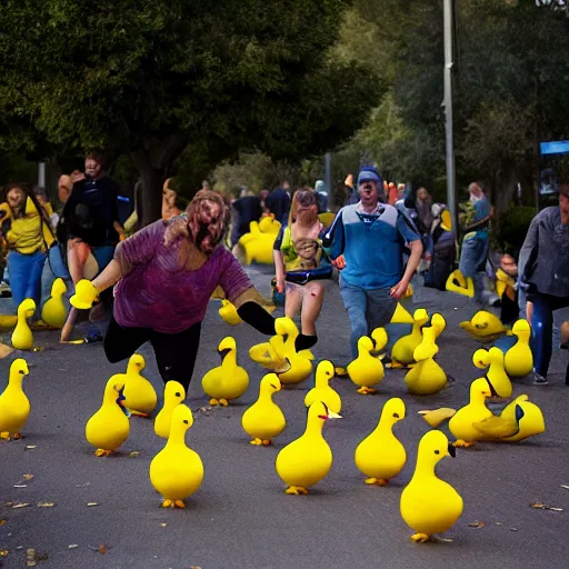 Image similar to rubber duck zombies chasing terrified people, photography