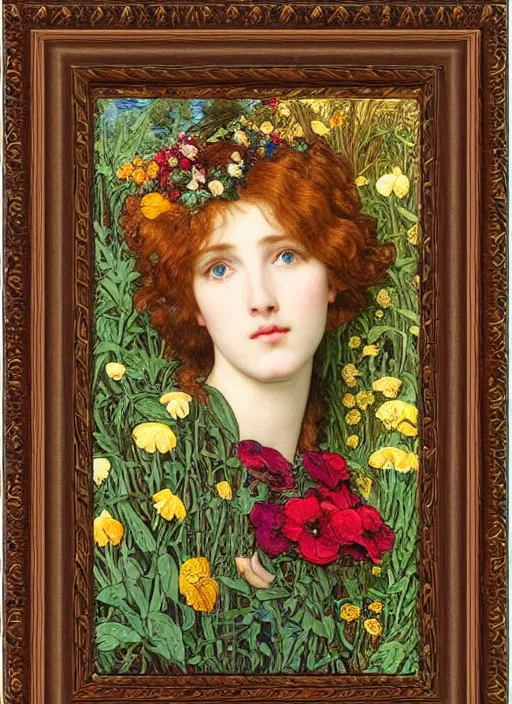 Image similar to masterpiece beautiful seductive flowing curves preraphaelite face portrait amongst flowers, extreme close up shot, straight bangs, thick set features, yellow ochre ornate medieval dress, laying amongst foliage mushroom forest circle arch, frederic leighton and kilian eng and rosetti and preraphaelites, william morris, framed, 4 k