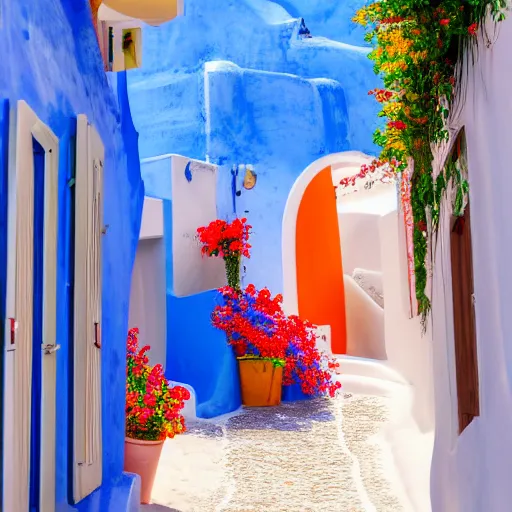 Prompt: photo of a brightly sun lit alley in santorini, with blue doors and shutters, and red flowers, 8 k