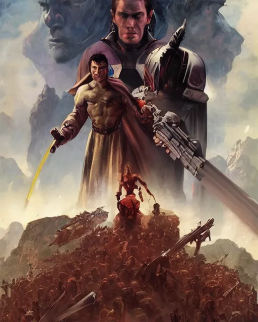 Prompt: Movie poster of The KOTOR2, Highly Detailed, A master piece of storytelling, wide angle, cinematic shot, Battle, highly detailed, cinematic lighting, by frank frazetta + ilya repin , 8k, hd, high resolution print