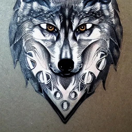 Image similar to anthropomorphic wolf portrait, circuit board tattoo, Celtic art