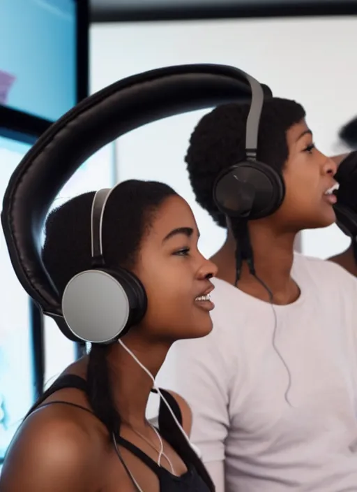 Prompt: two birds with headphones on their heads in front of a microphone recording a podcast in the studio, realistic photo, 8 k