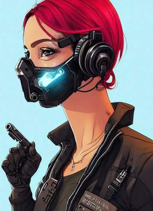 Image similar to Beautiful Maria. Gorgeous female cyberpunk mercenary wearing a cyberpunk headset, military vest, and jumpsuit. gorgeous face. Concept art by James Gurney and Laurie Greasley. Industrial setting. ArtstationHQ. Creative character design for cyberpunk 2077.