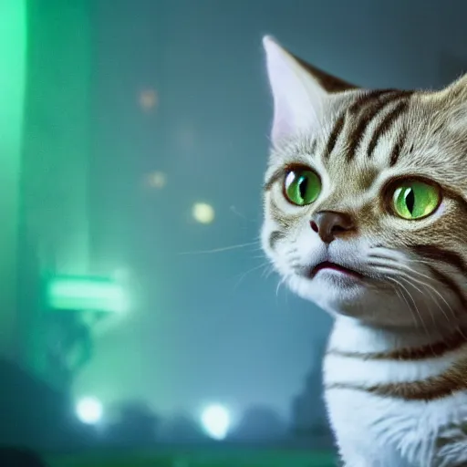 Image similar to Portrait of Lil Bub, splash art, movie still, cinematic lighting, dramatic, octane render, long lens, shallow depth of field, bokeh, anamorphic lens flare, 8k, hyper detailed, 35mm film grain