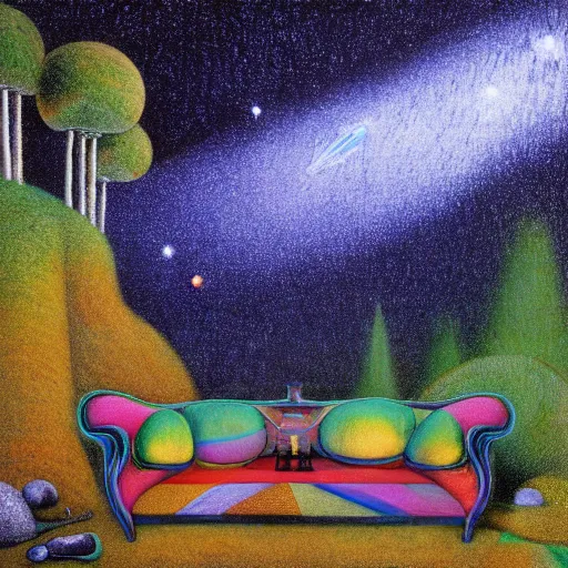 Prompt: psychedelic couch sofa in the lush pine forest, outer space, milky way, moose antlers, designed by arnold bocklin, jules bastien - lepage, tarsila do amaral, wayne barlowe and gustave baumann, cheval michael, trending on artstation, star, sharp focus, colorful refracted sparkles and lines, soft light, 8 k 4 k