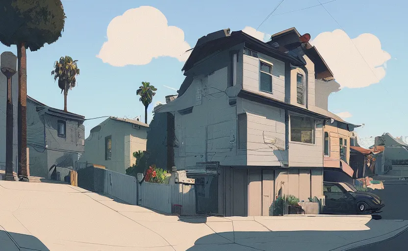 Image similar to a front view los angeles neighborhood illustration by atey ghailan, trending on artstation
