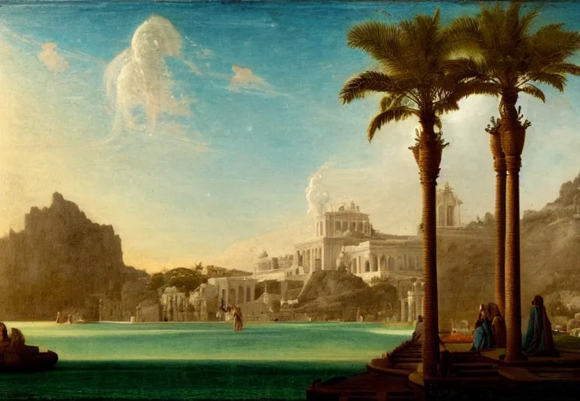 Image similar to Palace floating in the sky, 1km tall, thunderstorm, greek pool, beach and palm trees on the background major arcana sky, by paul delaroche, hyperrealistic 4k uhd, award-winning very detailed