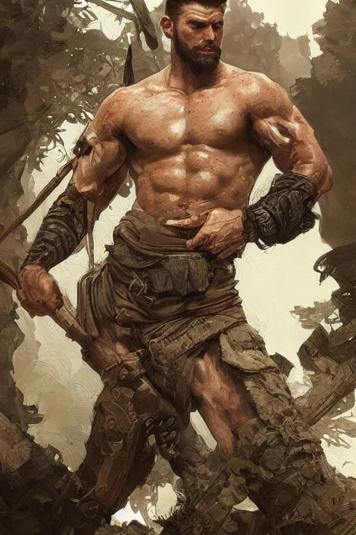 Image similar to portrait of a young rugged ranger, muscular, handsome, upper body, hairy torso, D&D, fantasy, intricate, elegant, highly detailed, digital painting, artstation, concept art, smooth, sharp focus, illustration, art by artgerm and Greg Rutkowski and Alphonse Mucha