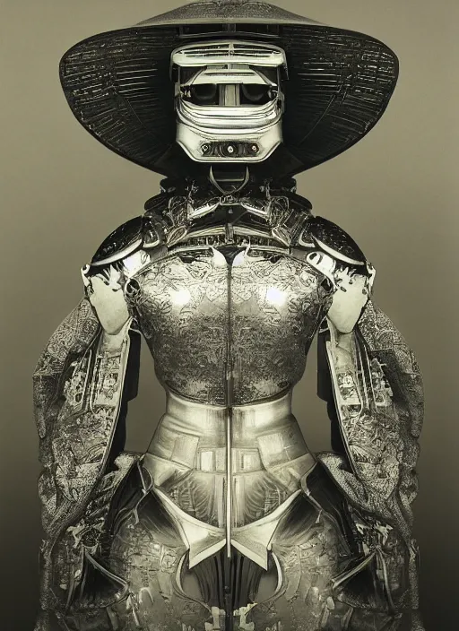 Prompt: old wetplate daguerreotype frame portrait of a futuristic silver armored geisha district 9 cyborg, fractal, intricate, elegant, highly detailed, subsurface scattering, by jheronimus bosch and greg rutkowski and louis jacques mande daguerre