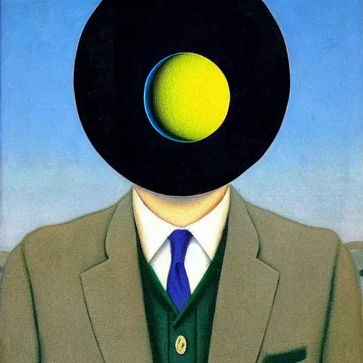 Image similar to a portrait of a well dressed business man, the planet saturn is superimposed over his face!!!, art by Rene Magritte