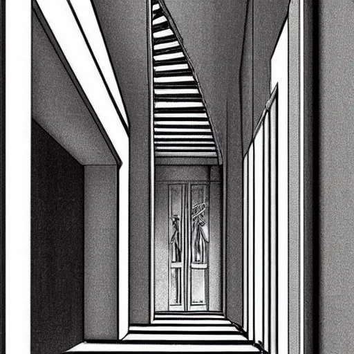 Image similar to “a disorienting white hallway and staircase with many doors, marble material, confusion, creepy, dimensions, MC Escher architecture, by Junji Ito”