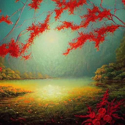 Prompt: A painting of a beautiful scene of nature. The colors are very soft and muted, and the overall effect is one of serenity and peace. The composition is well balanced, and the brushwork is delicate and precise. bright, 2010s, warm red by Virgil Finlay contest winner, #wow