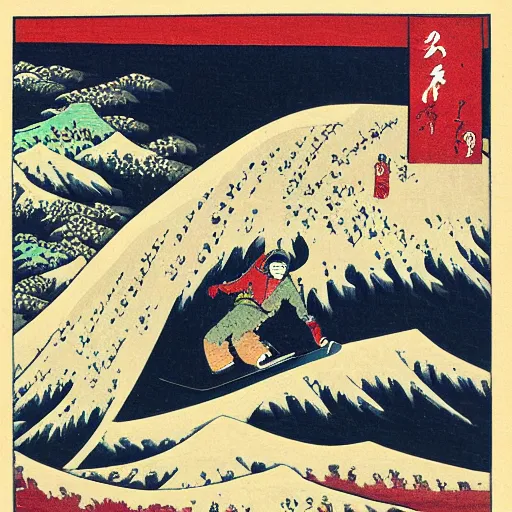 Image similar to snowboarder snowboarding woodblock print, style of hokusai, fine art, style of kanagawa, painting