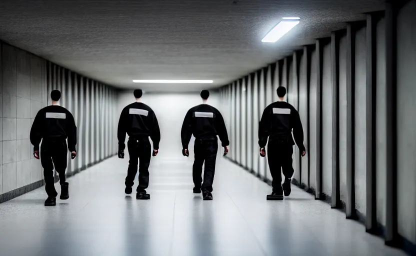 Image similar to Black quadcopters swarm the wide hallways in a futuristic prison underground with brutalist architecture, staff can be seen carrying black duffel bags, sigma 85mm f/1.4, 4k, depth of field, high resolution, 4k, 8k, hd, full color