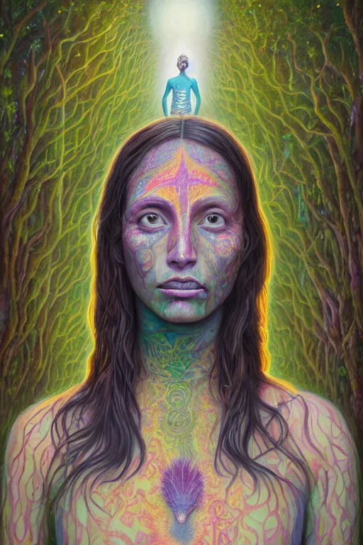 Prompt: ayahuasca tripping girl third eye open, chakra energy waves resonating from her body, ethereal aura, epic surrealism 8k oil painting, portrait, perspective, high definition, post modernist layering, by Sean Yoro, Casey Weldon