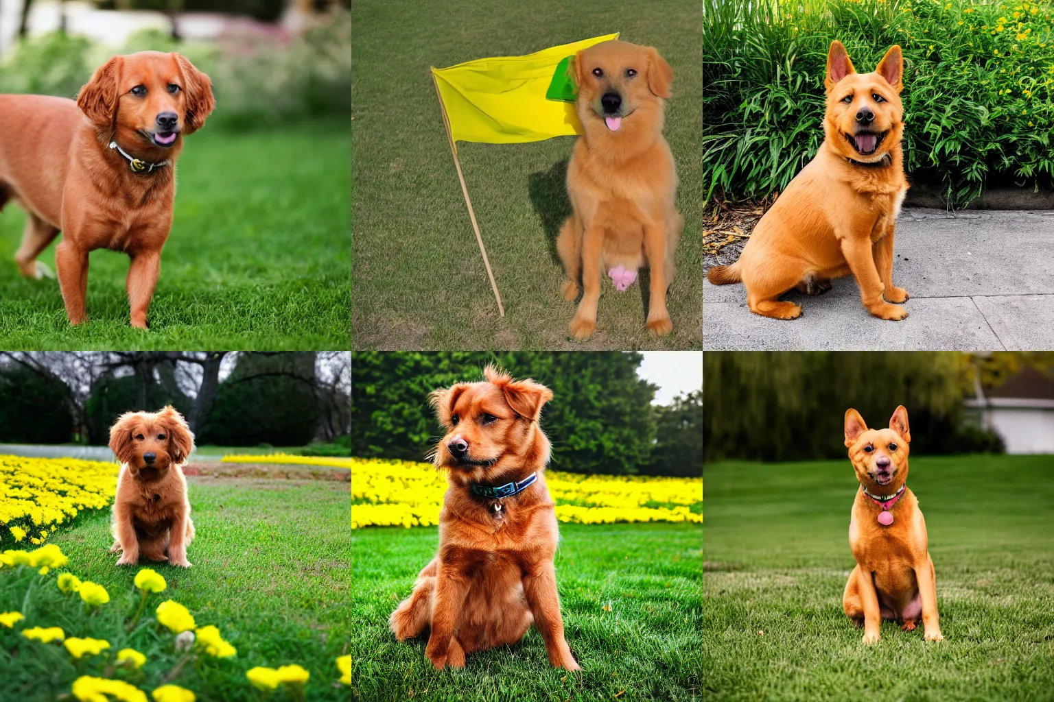 Prompt: a caramel color dog stands in front of a green and yellow flag | photot | dslr | nikon lens | HD