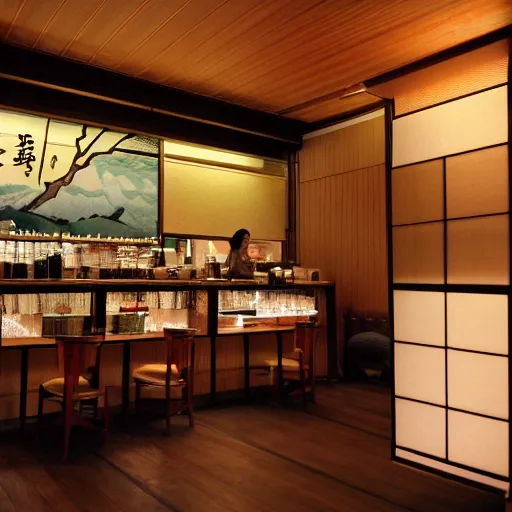 Image similar to a warmly lit photograph of the interior of a japanese style coffee shop named'arizona ', realistic