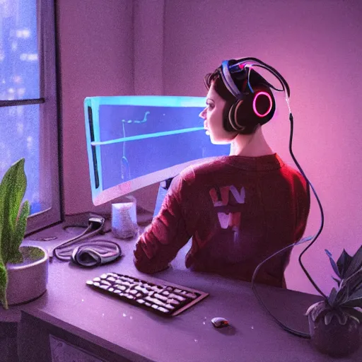 Prompt: a woman wearing a headphone sitting in front of her computer on a cold rainy day, night in a bedroom full of plants and neon light, cyberpunk, scifi, concept art, highly detailed, artstation, concept art, smooth.sharp focus, digital art, art by yuumei