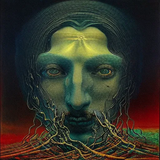 Image similar to My soul transcends the ashes of my body to merge with the blissful dimensionless vodi - contest-winning artwork by Salvador Dali, Beksiński, Van Gogh, Giger, and Monet. Stunning lighting