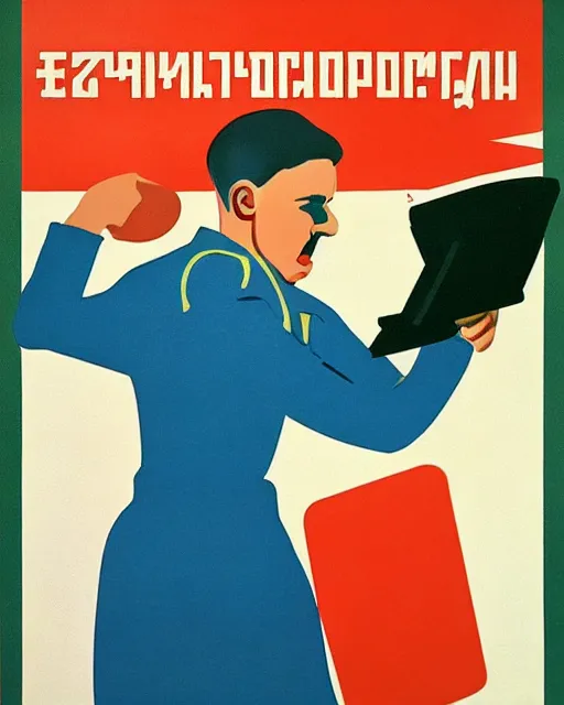 Image similar to Soviet Russia propaganda poster of a programer yelling at computer