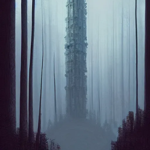 Image similar to monumental old ruins tower of a dark misty forest, overcast, sci - fi digital painting by simon stalenhag