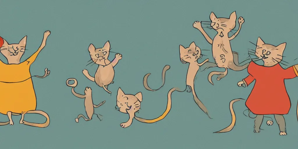 Prompt: a digital illustration of a happy cat haunting a family of mice at the edge of madness