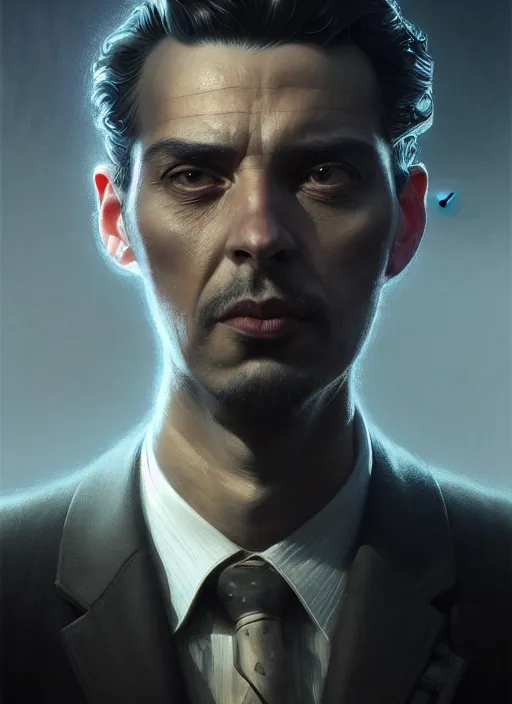 Image similar to closeup portrait shot of a noir detective in a scenic dystopian environment, intricate, elegant, highly detailed, centered, digital painting, artstation, concept art, smooth, sharp focus, illustration, artgerm, tomasz alen kopera, peter mohrbacher, donato giancola, joseph christian leyendecker, wlop, boris vallejo