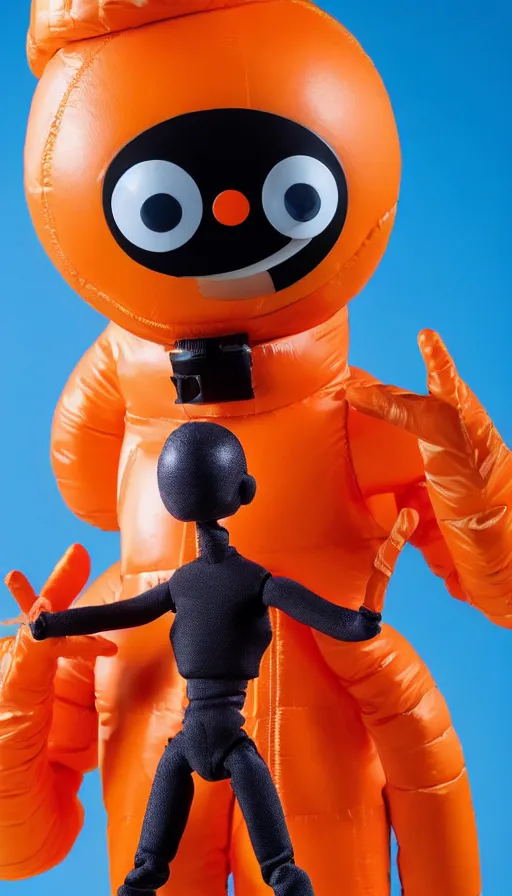 Prompt: a single still slender figurine with long bendy arms and legs of a tall giant inflated space man action figure wearing over sized orange puffy bomber jacket, googly eyes, tareme eyes, small head, personification, dynamic pose, detailed product photo, tone mapped, beautiful composition, 8 5 mm, f 5. 8, soft lighting