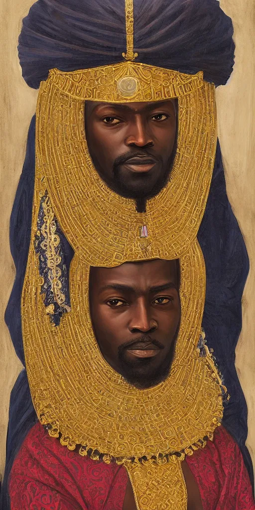 Image similar to a stunning and noble highly detailed romantic period style portrait of Mansa Musa by Josep Tapiró Baró, trending on artstation, oil painting masterpiece, symmetry, African iconography