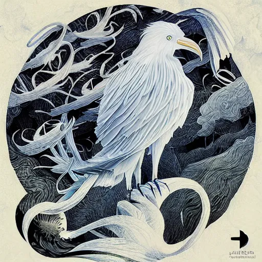 Image similar to a simple white crow painting by Android Jones and M. C. Escher collaboration, futurist, digital art, dramatic lighting