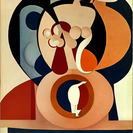 Prompt: graphic design exciting by juan gris. the body art shows venus seated on a crescent moon. she is surrounded by the goddesses ceres & bacchus, who are both holding cornucopias.