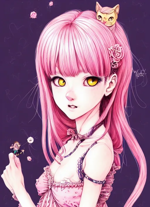 Prompt: dark fantastic mange beautiful cat girl stand in the sunshine, pink hair, rococo dress, symmetrical face, portrait, cute, fairy, by artgerm, mai yoneyama, takeshi obata, katsuhiro otomo, pixiv, detailed background, artstation, highly detailed, colorful, maximalist