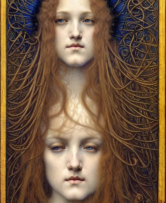 Image similar to detailed realistic beautiful young medieval queen face portrait by jean delville, gustave dore and marco mazzoni, art nouveau, symbolist, visionary, gothic, pre - raphaelite. horizontal symmetry