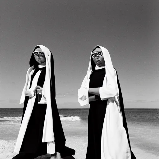 Image similar to black and white, award winning photo, levitating twin nuns, wearing swimsuit, the nuns have Very long arms, in a sanctuary, eerie, frightening —width 1024 —height 1024