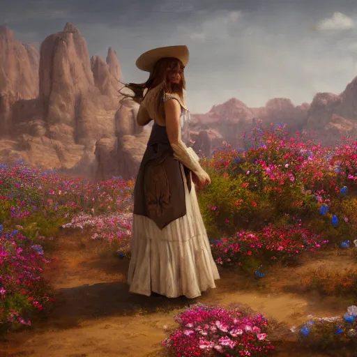 Image similar to a matte painting of the wild west, woman standing, patchy flowers, oil painting, pale colors, high detail, 8 k, wide angle, trending on artstation,